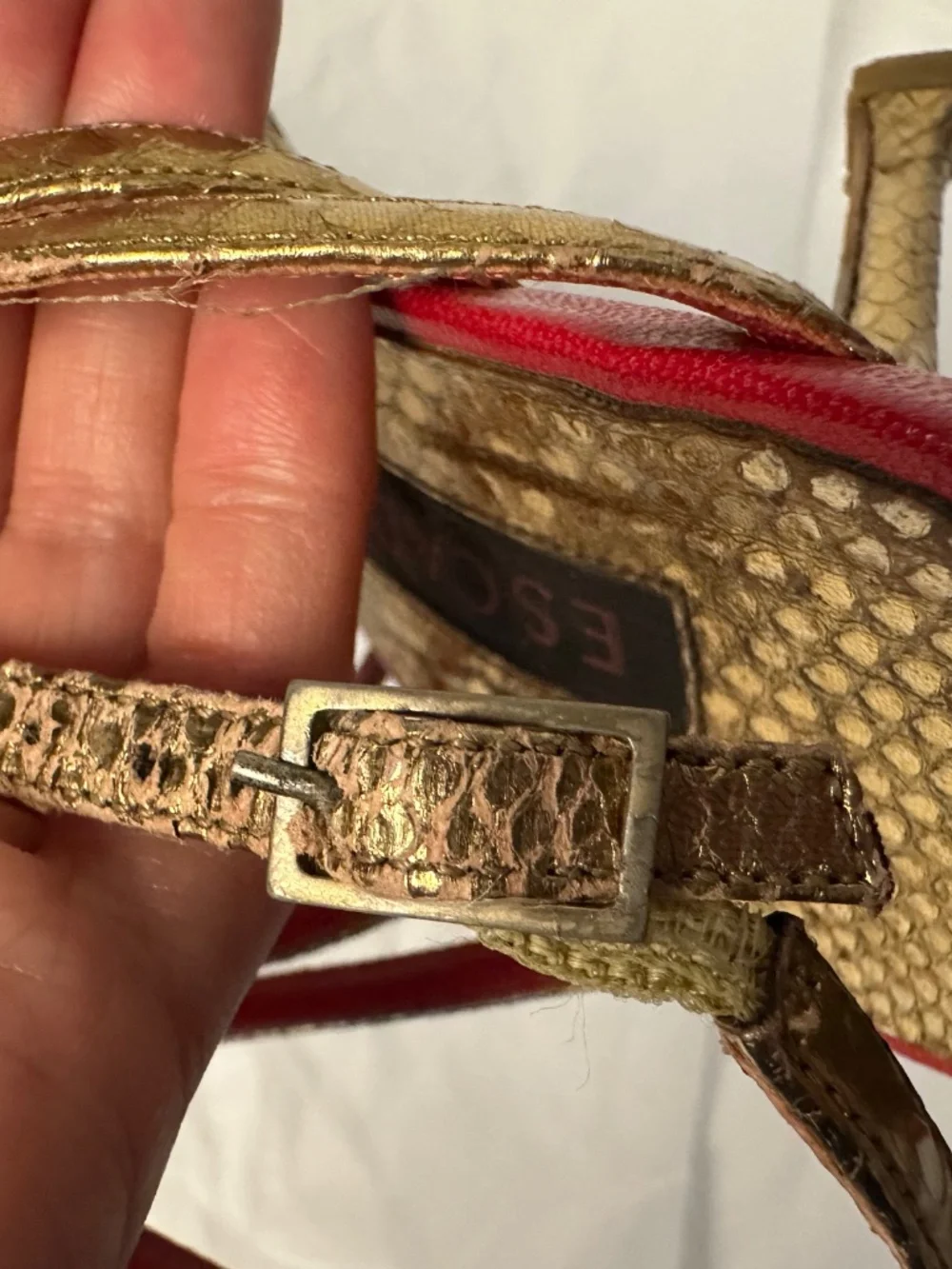 ESCADA gold snake print heels with red accents. Size 36.5